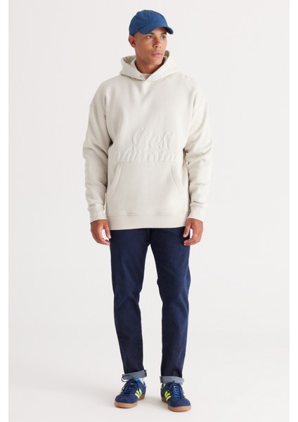 Erkek Bej Oversize Fit Bol Kesim Kapüşonlu Içi Polarlı 3 Iplik Baskılı Sweatshirt