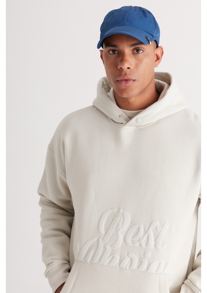 Erkek Bej Oversize Fit Bol Kesim Kapüşonlu Içi Polarlı 3 Iplik Baskılı Sweatshirt