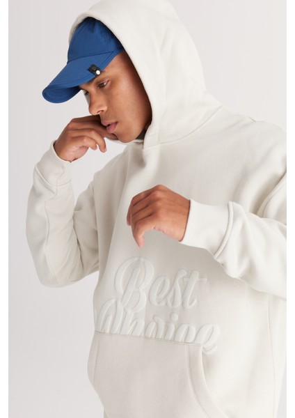 Erkek Bej Oversize Fit Bol Kesim Kapüşonlu Içi Polarlı 3 Iplik Baskılı Sweatshirt