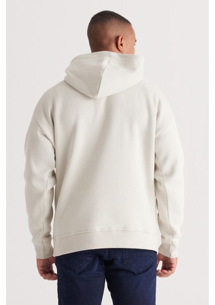 Erkek Bej Oversize Fit Bol Kesim Kapüşonlu Içi Polarlı 3 Iplik Baskılı Sweatshirt
