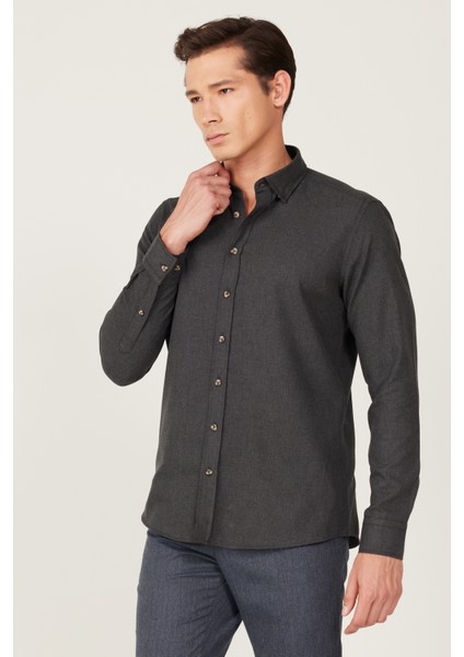 Erkek Antrasit Slim Fit Dar Kesim Düğmeli Yaka Flanel Oduncu Kışlık Gömlek modelleri