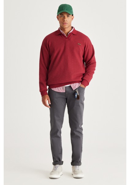 AC&Co / Altınyıldız Classics Erkek Bordo Loose Fit Içi Polarlı 3 Iplik Polo Yaka Jakarlı Sweatshirt