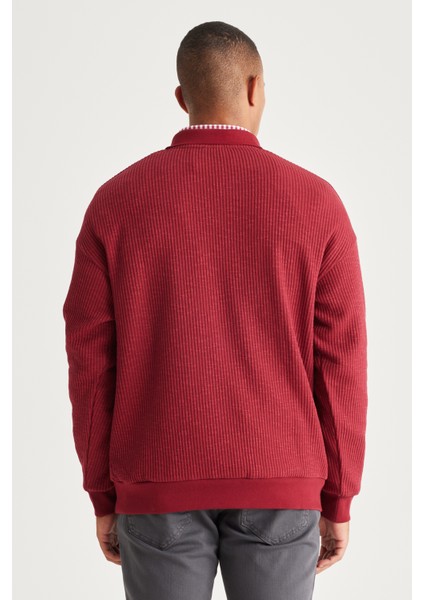 AC&Co / Altınyıldız Classics Erkek Bordo Loose Fit Içi Polarlı 3 Iplik Polo Yaka Jakarlı Sweatshirt