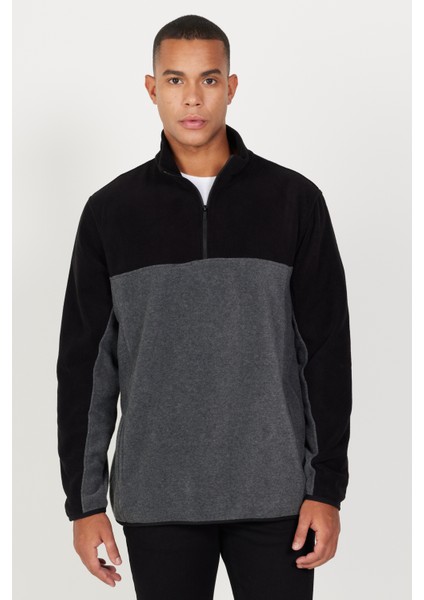 Erkek Siyah-antrasit Standart Fit Normal Kesim Günlük Rahat Çift Renkli Polar Spor Sweatshirt