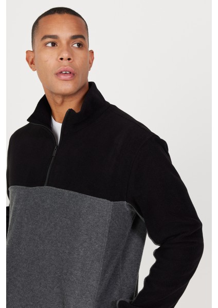 Erkek Siyah-antrasit Standart Fit Normal Kesim Günlük Rahat Çift Renkli Polar Spor Sweatshirt