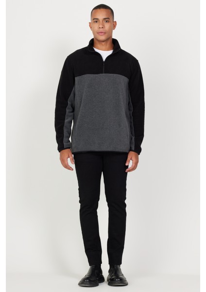 Erkek Siyah-antrasit Standart Fit Normal Kesim Günlük Rahat Çift Renkli Polar Spor Sweatshirt