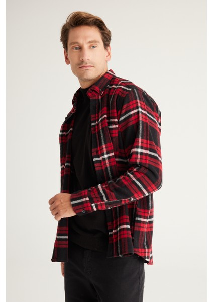 ALTINYILDIZ CLASSICS Erkek Bordo-siyah Comfort Fit Rahat Kesim Düğmeli Yaka Ekose Desenli Flanel Gömlek