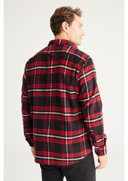 ALTINYILDIZ CLASSICS Erkek Bordo-siyah Comfort Fit Rahat Kesim Düğmeli Yaka Ekose Desenli Flanel Gömlek