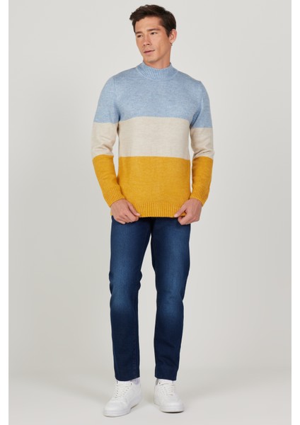 Erkek Mavı-hardal Standart Fit Normal Kesim Yarım Balıkçı Yaka Şardonlu Yumuşak Dokulu Triko Kazak fiyatları