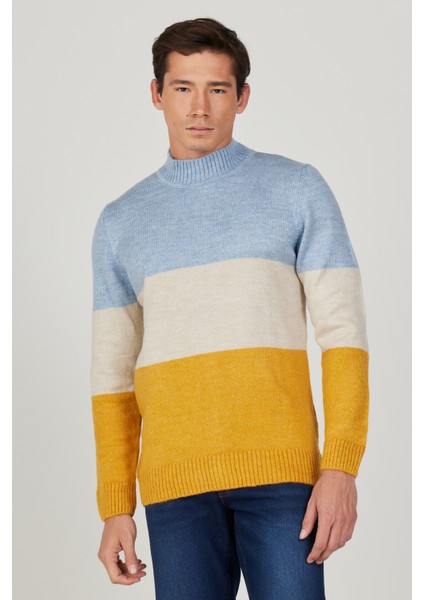 Erkek Mavı-hardal Standart Fit Normal Kesim Yarım Balıkçı Yaka Şardonlu Yumuşak Dokulu Triko Kazak modelleri