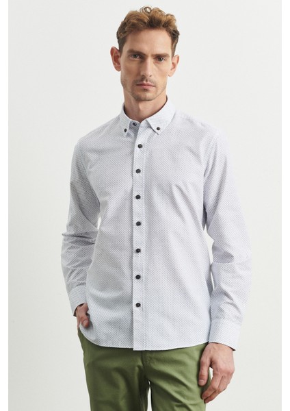 ALTINYILDIZ CLASSICS Erkek Haki Slim Fit Dar Kesim Düğmeli Yaka Baskılı Gömlek