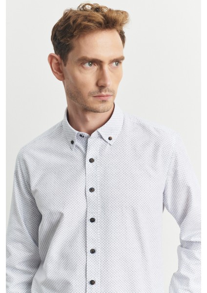 ALTINYILDIZ CLASSICS Erkek Haki Slim Fit Dar Kesim Düğmeli Yaka Baskılı Gömlek modelleri