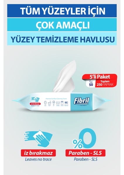 Pratik Yüzey Temizlik Havlusu Beyaz Sirkeli Sabun Kokulu 5 x 50 (Toplam 250 Yaprak)