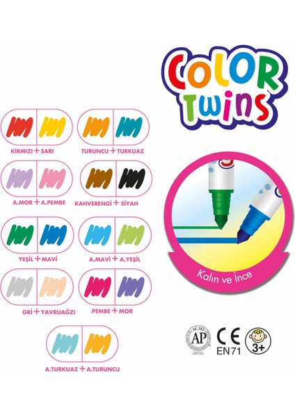 Color Twins - Çift Taraflı Keçeli Kalem 8 Kalem (16 Renk) Ct16P