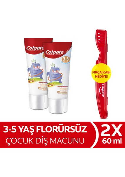 3-5 Yaş Portakal Aromalı Florürsüz Çocuk Diş Macunu 60 ml x2 Adet + Fırça Kabı Hediye