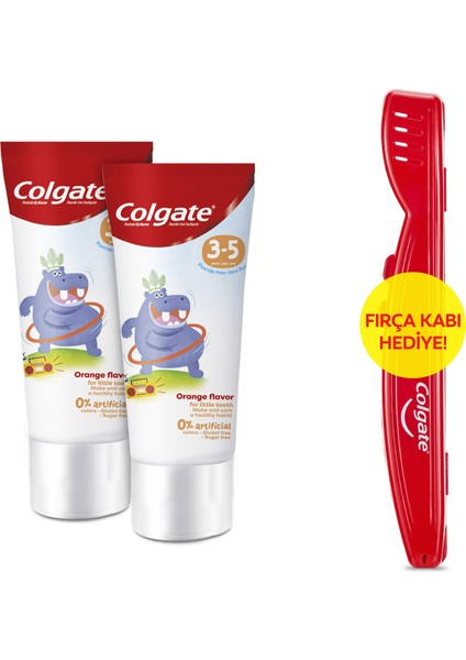 3-5 Yaş Portakal Aromalı Florürsüz Çocuk Diş Macunu 60 ml x2 Adet + Fırça Kabı Hediye