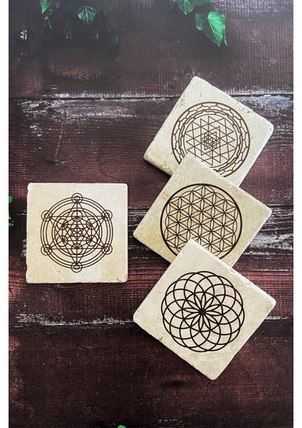 Lotus, Sri Yantra, Yaşam Çiçeği, Metatron Doğal Taş Traverten Bardak Altlığı 4 Lü Set fiyatları