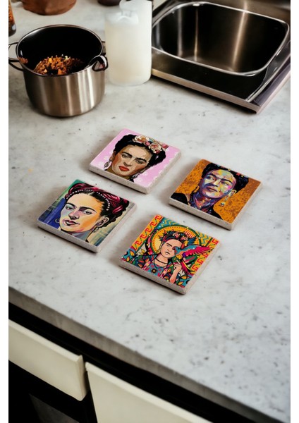 Frida Kahlo Art Temalı Doğal Taş Traverten Bardak Altlığı 4 Lü Set