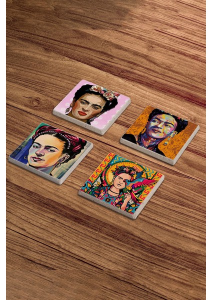 Frida Kahlo Art Temalı Doğal Taş Traverten Bardak Altlığı 4 Lü Set modelleri