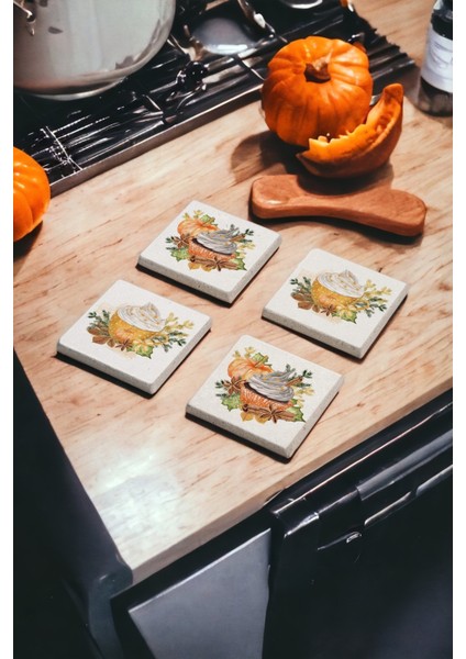 Pumpkin Cupcake Temalı Doğal Taş Traverten Bardak Altlığı 4 Lü Set