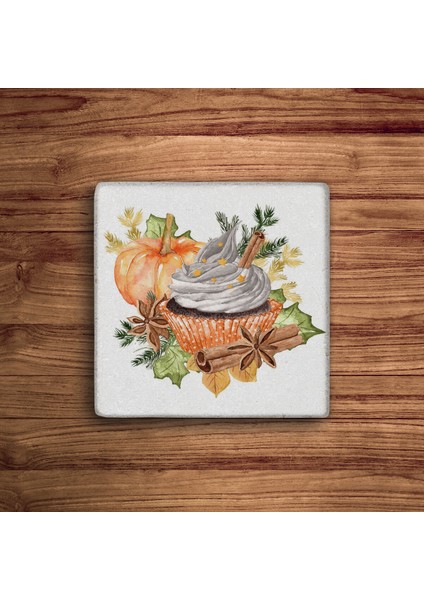 Pumpkin Cupcake Temalı Doğal Taş Traverten Bardak Altlığı 4 Lü Set fiyatları