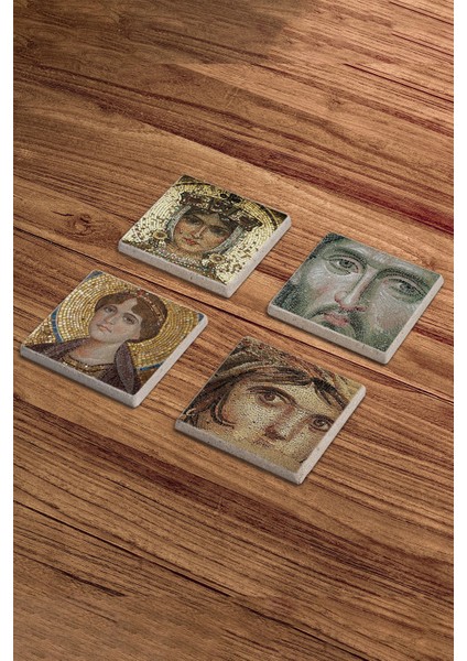 Çingene Kızı Mozaiği, Zeugma Mozaiği Doğal Taş Traverten Bardak Altlığı 4 Lü Set