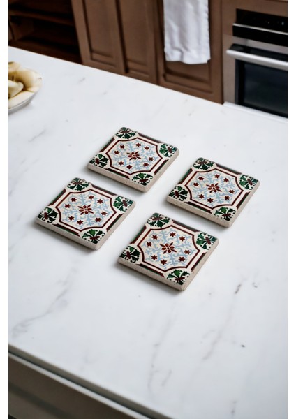 Yeşil Tile Çini Desen Doğal Taş Traverten Bardak Altlığı 4 Lü Set