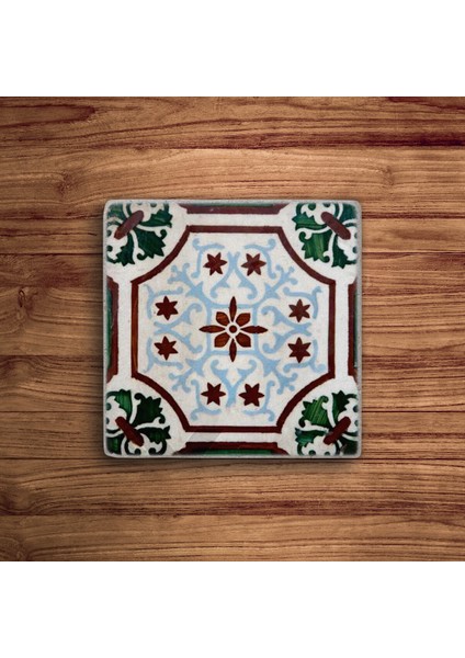 Yeşil Tile Çini Desen Doğal Taş Traverten Bardak Altlığı 4 Lü Set
