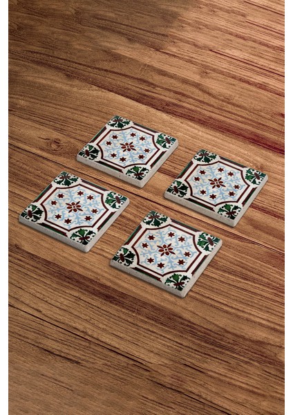 Yeşil Tile Çini Desen Doğal Taş Traverten Bardak Altlığı 4 Lü Set