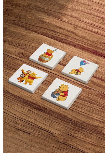 Winnie The Pooh Temalı Doğal Taş Traverten Bardak Altlığı 4 Lü Set