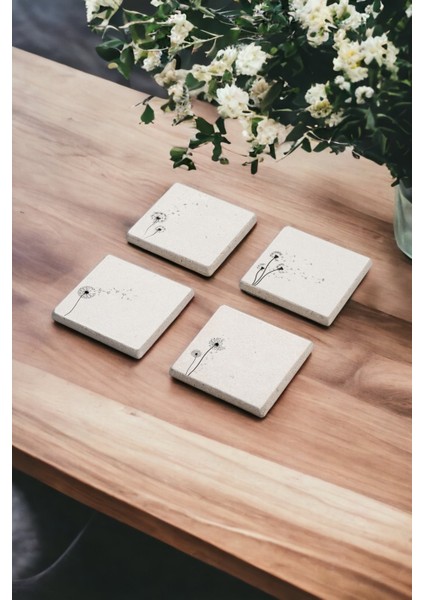 Yabani Çiçek Dandelion Doğal Taş Traverten Bardak Altlığı 4 Lü Set