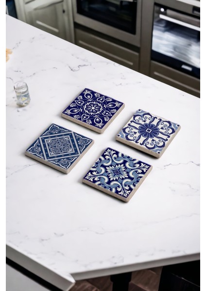 Mavi Tile Desen Doğal Taş Traverten Bardak Altlığı 4 Lü Set