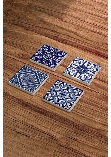 Mavi Tile Desen Doğal Taş Traverten Bardak Altlığı 4 Lü Set