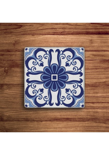 Mavi Tile Desen Doğal Taş Traverten Bardak Altlığı 4 Lü Set