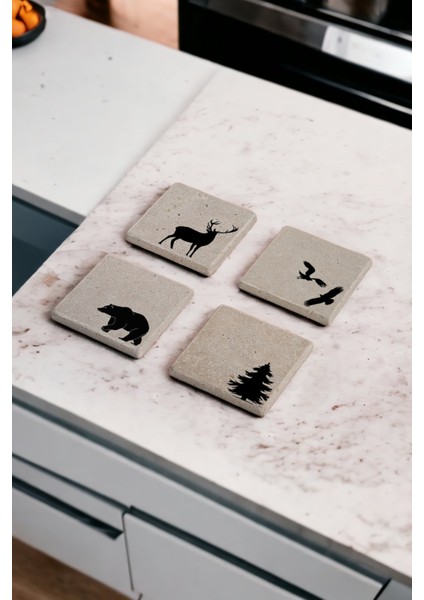 Vahşi Hayvanlar ve Orman Temalı Doğal Taş Traverten Bardak Altlığı 4 Lü Set