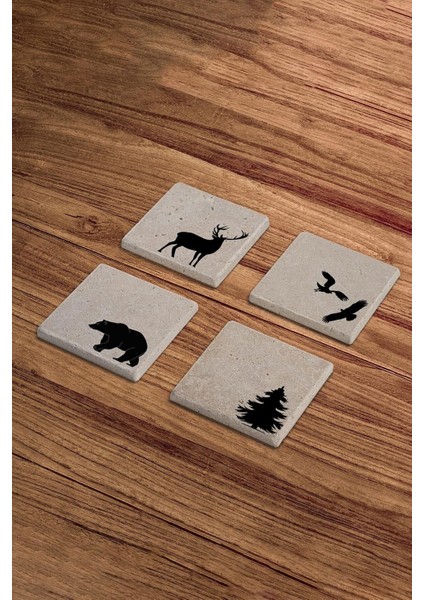 Vahşi Hayvanlar ve Orman Temalı Doğal Taş Traverten Bardak Altlığı 4 Lü Set fiyatları