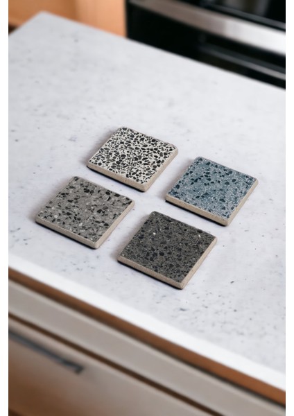 Dark Terrazzo Doğal Taş Traverten Bardak Altlığı 4 Lü Set