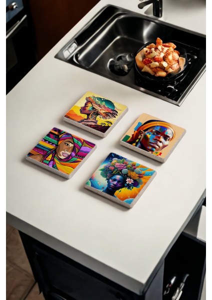 Afrikalı Kadın Temalı Doğal Taş Traverten Bardak Altlığı 4 Lü Set