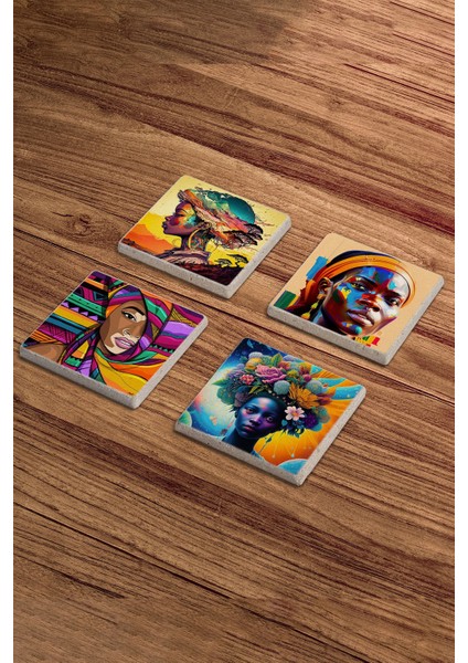 Afrikalı Kadın Temalı Doğal Taş Traverten Bardak Altlığı 4 Lü Set fiyatları