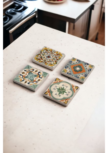 Yeşil Tile Desen Temalı Doğal Taş Traverten Bardak Altlığı 4 Lü Set