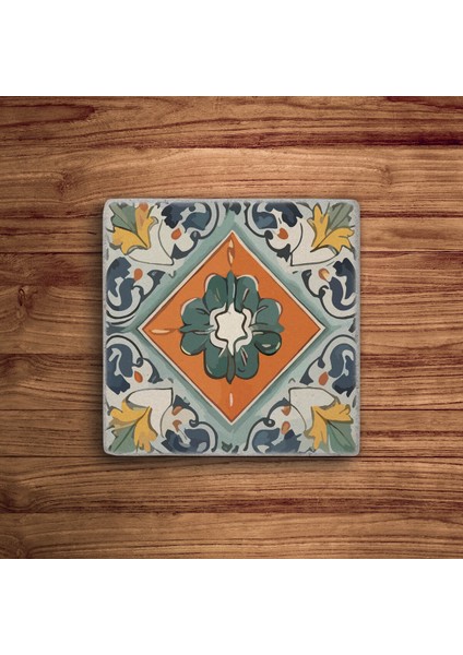 Yeşil Tile Desen Temalı Doğal Taş Traverten Bardak Altlığı 4 Lü Set