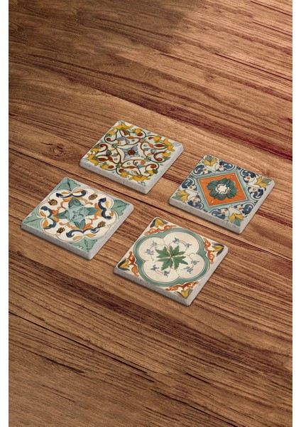 Yeşil Tile Desen Temalı Doğal Taş Traverten Bardak Altlığı 4 Lü Set