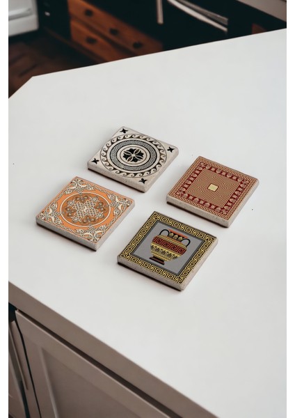 Greek Ornament, Yunan Motif Desenli Doğal Taş Traverten Bardak Altlığı 4 Lü Set