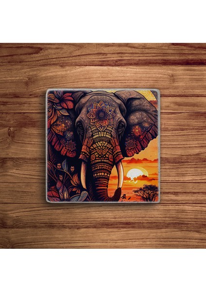 Fil ve Aslan Art Temalı Doğal Taş Traverten Bardak Altlığı 4 Lü Set