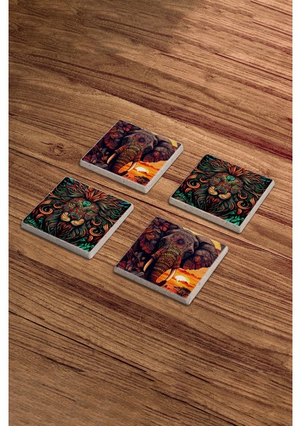 Fil ve Aslan Art Temalı Doğal Taş Traverten Bardak Altlığı 4 Lü Set