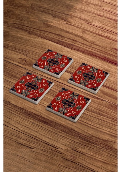 Kırmızı Tile Motif Doğal Taş Traverten Bardak Altlığı 4 Lü Set fiyatları