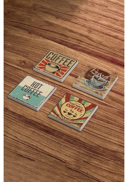Retro Kahve Zamanı Temalı Doğal Taş Traverten Bardak Altlığı 4 Lü Set modelleri