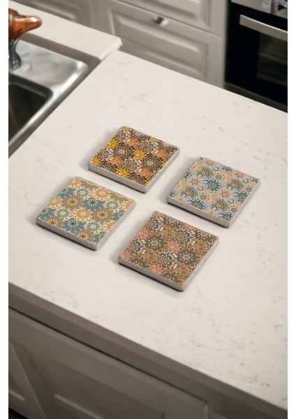 Çiçek Tile Desen Mandala Tema Doğal Taş Traverten Bardak Altlığı 4 Lü Set