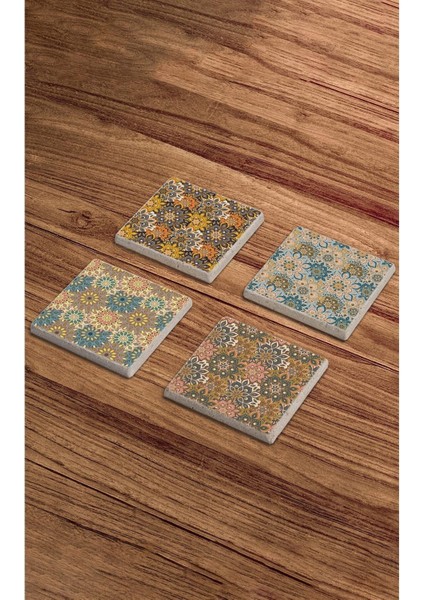 Çiçek Tile Desen Mandala Tema Doğal Taş Traverten Bardak Altlığı 4 Lü Set modelleri