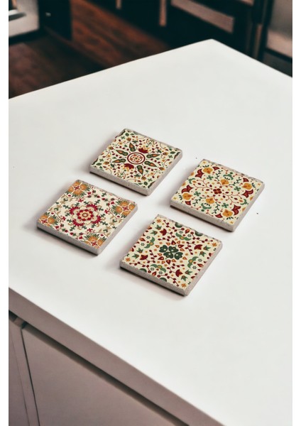 Mandala Motif Temalı Doğal Taş Traverten Bardak Altlığı 4 Lü Set